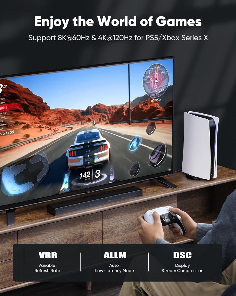 Capshi 2ft 8K 4K@120Hz HDMI Cable 2.1, 48Gbps High Speed Cord for PS5/4, TV, Gaming Console, Monitor, 8K@60Hz, 2K@240Hz, 144Hz, Support HDR, eARC, DTS:X, HDCP 2.2 & 2.3, Braided, Grey - Image 3